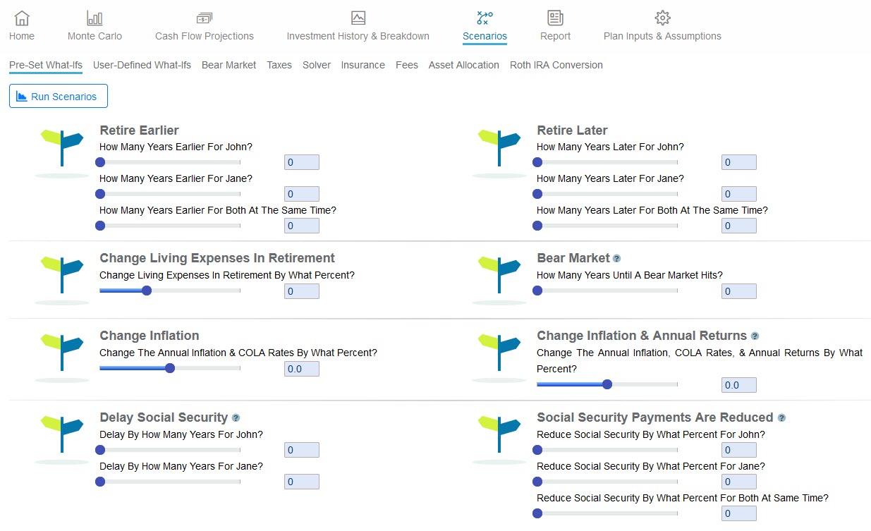 Run pre-defined what-if scenarios on your retirement age, expenses, delaying social security, and many others..