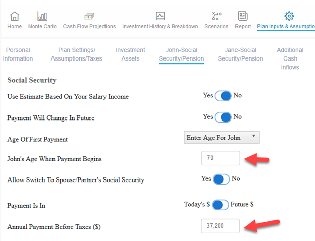 Setting up delaying Social Security payments in WealthTrace